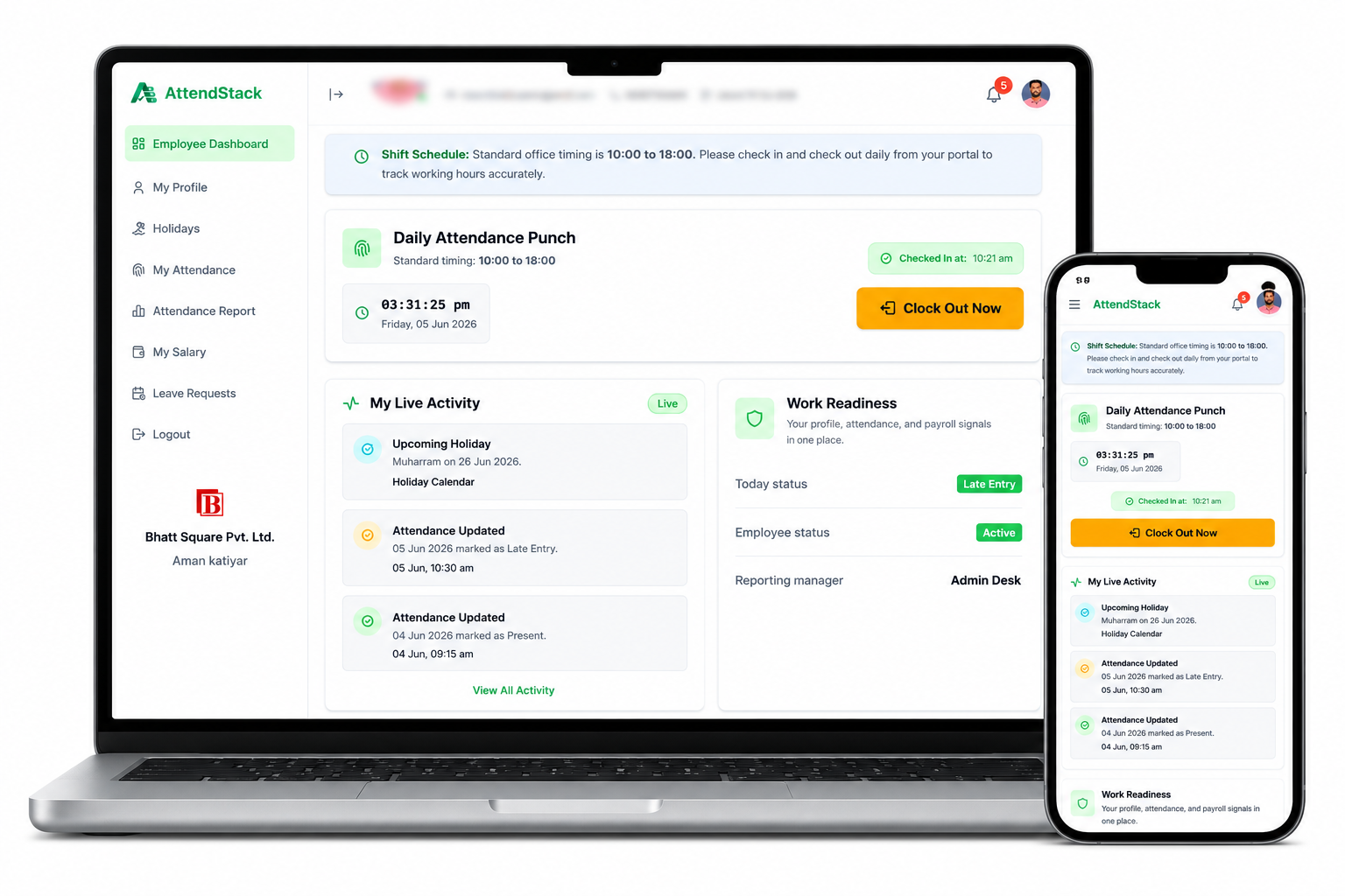 AttendStack employee dashboard showing attendance punch, live activity, and work readiness